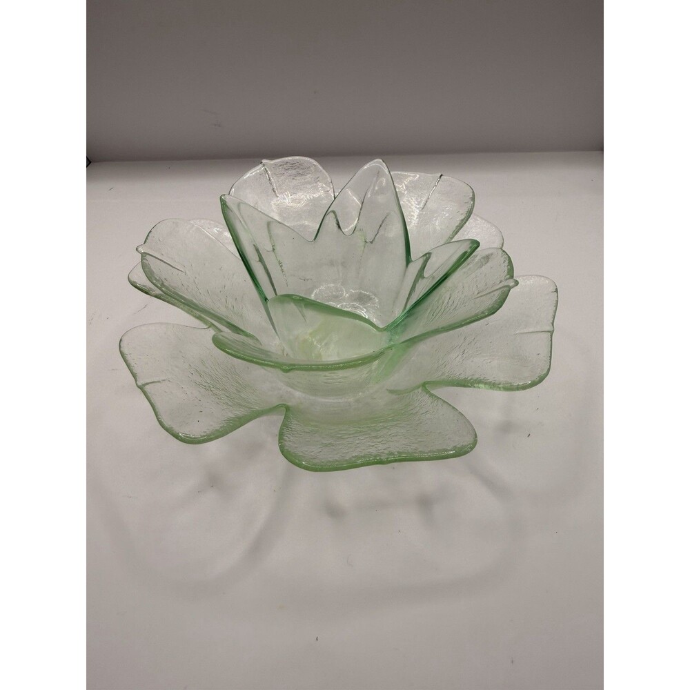Vintage Green Glass Flower Lotus Votive Teal Light Candle Holder Dish 7”